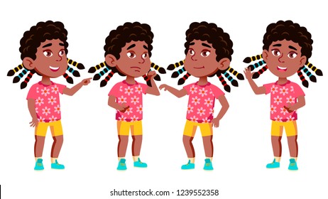 Girl Kindergarten Kid Poses Set Vector. Black. Afro American. Active, Joy Preschooler Playing. For Presentation, Print, Invitation Design. Isolated Illustration