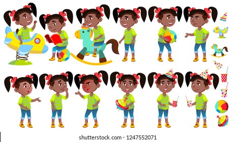 Girl Kindergarten Kid Poses Set Vector. Black. Afro American. Emotional Character Playing. Having Fun On Playground. For Presentation, Invitation, Card Design. Isolated Cartoon Illustration