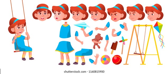 Girl Kindergarten Kid Vector. Animation Creation Set. Face Emotions, Gestures. Emotional Character Playing. Playground. For Banner, Flyer, Web Design. Animated. Isolated Cartoon Illustration