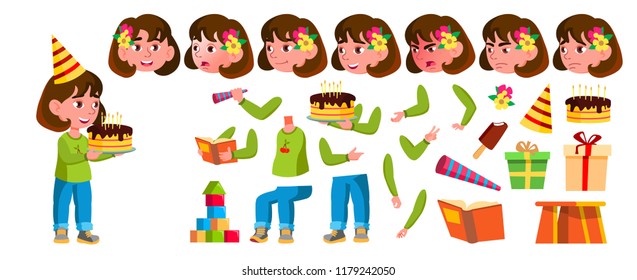 Girl Kindergarten Kid Vector. Animation Creation Set. Face Emotions, Gestures. Preschool, Childhood. Smile. Toys. For Advertisement, Greeting, Announcement Design. Animated. Isolated Cartoon Illustrat