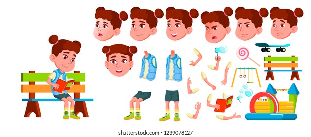 Girl Kindergarten Kid Vector. Animation Creation Set. Face Emotions, Gestures. Friendly Little Children. Cute, Comic. For Presentation, Print Invitation Design. Animated. Isolated Cartoon Illustration