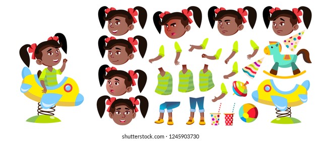 Girl Kindergarten Kid Vector. Animation Creation Set. Black. Afro American.  Emotions, Gestures. Baby Expression. For Presentation, Print, Invitation Design. Animated. Isolated Cartoon Illustration
