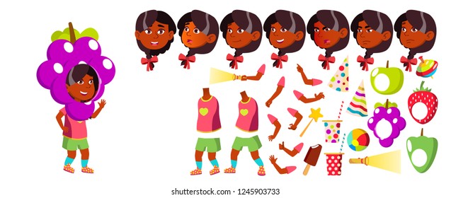 Girl Kindergarten Kid Vector. Animation Creation Set. Face Emotions, Gestures. Preschool. Young Positive Person. Indian, Hindu. Asian. Brochure, Poster Design. Animated. Isolated Cartoon Illustration