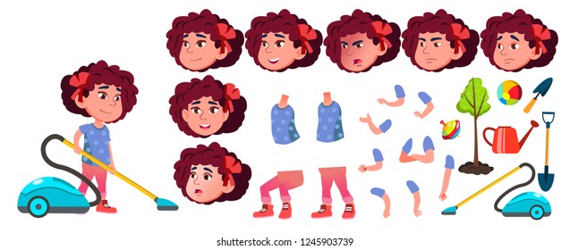 Girl Kindergarten Kid Vector. Animation Creation Set. Face Emotions, Gestures. Happy Beautiful Children Character. For Postcard, Announcement, Cover Design. Animated. Isolated Cartoon Illustration