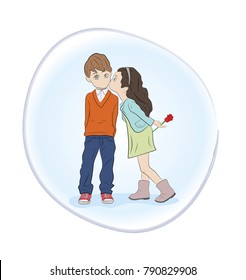 the girl kisses the boy on the cheek. Valentine's Day. vector illustration