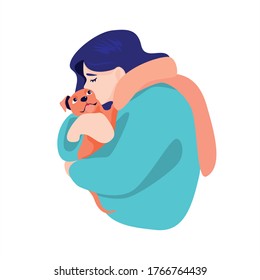 Girl kisses her dog. World Kiss Day. Love and care for a pet. Walk with the dog. True friendship. Caring for the animals. She warms the pet with hug. International friendship day. Isolated background
