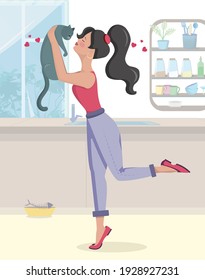 A girl kisses her favorite cat. On the background is a kitchen table and a window. Illustration, character.