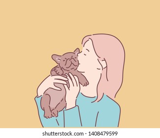 Girl kissing her puppy. Hand drawn style vector design illustrations.