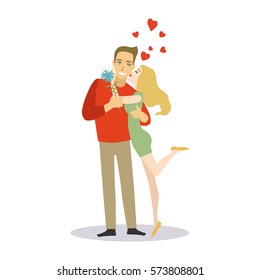 Girl kissing a man. Lovers couple cartoon vector illustration
