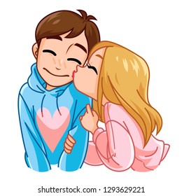 Girl kissing a man. Young couple kissing. Illustration of a Valentine's Day. Vector illustration in a cartoon style. Isolated on white background.