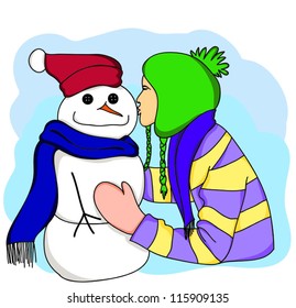 Girl kissing Snowman