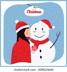 Girl kissing a snowman flat illustration. Winter celebrate concept, vector illustration. Flat winter landscape. Snow background. Snowman. Snow. Clear blue sky. Snow weather