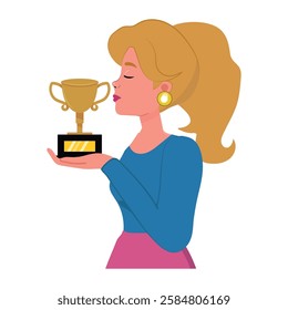 girl kissing a trophy, teenager in love with her prize. vector illustration.