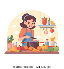 Girl in kitchen cooking food illustration