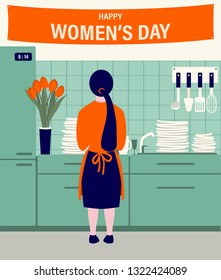 The girl in the kitchen during the holiday. Congratulations on the International Women's Day March 8. Vector illustration.