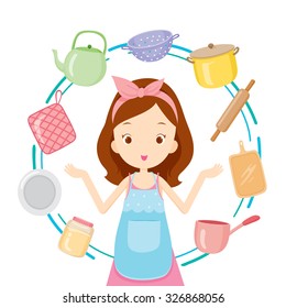 Girl With Kitchen Equipments, Ware, Crockery, Cooking, Food, Bakery, Lifestyle