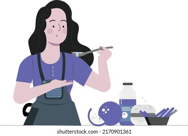 girl in kitchen holding spoon concept flat design illustration 