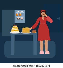 Girl in the kitchen at night eats a lot of food, hungry woman is not dieting, vector illustration in flat style