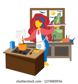 The girl in the kitchen prepares food. Illustration in flat style.