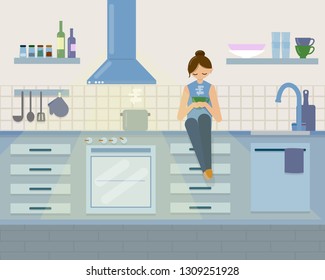 girl in the kitchen sitting on the table drinking tea in vector