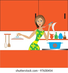 the girl in kitchen tries soup from a pan