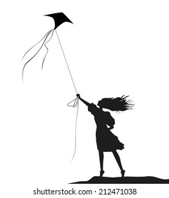 girl with kite, black and white, on the wind, blowing