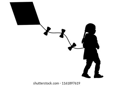 Girl with kite silhouette, vector