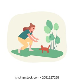 Chica con gatito. Ilustración vectorial plana moderna.