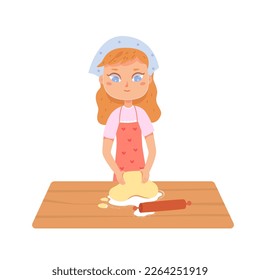 Girl kneading dough with hands vector illustration. Cartoon funny female baker in apron making dough for homemade bread or cake with wheat flour and rolling pin on table of home kitchen or bakery