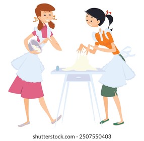 Girl kneads dough. Funny people. Illustration concept template for website, web landing page, banner, presentation, social, poster, promotion or print media.