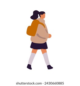 Girl in knee socks hurry to school. Student carries backpack. Young woman in casual clothes goes, walks. Pupil with ponytail stroll side view. Flat isolated vector illustration on white background