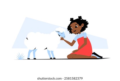 Girl Kneeling And Petting Sheep In Flat Vector Illustration Symbolizing Farm Life, Animal Care, And Rural Lifestyle, Isolated On White Background