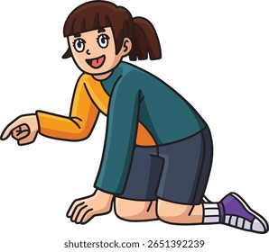 Girl Kneeling and Pointing Cartoon Colored Clipart
