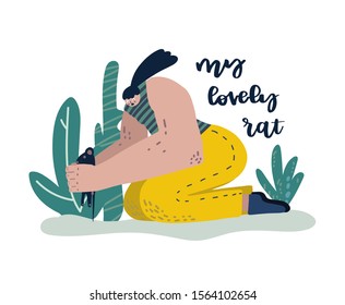 Girl kneeling with a rat in her hands and tropical leaves on background. Hand drawn caption - my lovely rat.  Hand drawn vector illustration. . Animal care image for poster, banner, business print.