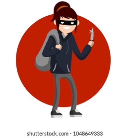 Girl With The Knife. Dangerous Woman In A Sweatshirt In A Threatening Pose. The Evil Girl Is A Bully In A Mask. Female Felony. Robber Thief With A Bag Stolen On Red Circle - Cartoon Flat Illustration