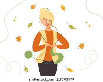 Girl knit. Knitting clothes. A lovely lady knits warm things for the winter in autumn. Cozy autumn template with young woman on autumn leaves background, vector illustration in cartoon flat style.