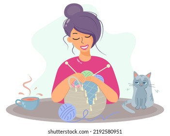 Girl knit. Knitting clothes, a woman sits at a table and knits. Cozy home interior with young woman, cat and cup of coffee, vector illustration in cartoon flat style.