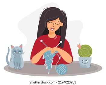 Girl knit. Knitting clothes, a woman sits at a table and knits. Cozy home interior with young woman, cat and cactus, vector illustration in cartoon flat style.