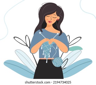 The girl knits in nature. Knitting clothes, a woman stands against the background of plants and knits. Closeup vector illustration in cartoon flat style. The concept of knitting as a hobby, leisure.