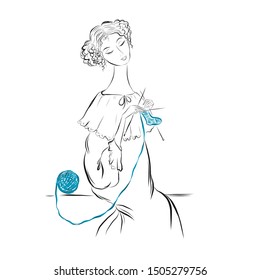 Girl knits on the needles sock blue thread to her child. Hobbies and needlework. Lady in vintage style. Drawing for coloring. Graphic female silhouette.