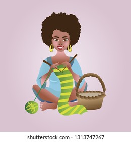 Girl knits a scarf. Vector illustration