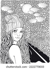 Chica con una gorra de punto. Carretera larga que se extiende a lo lejos. Paisaje Doodle. Libro de colorantes anti estrés de alivio de ansiedad para adultos y niños. Blanco y negro. Para libros de 8,5 x 11 pulgadas.