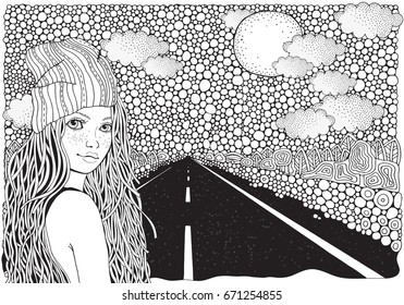 Girl in a knitted cap. Long car highway stretching into the distance.  Doodle landscape. Anti stress Coloring Book page for adult. A4 size. Black and White vector. Zen Art, doodle style.