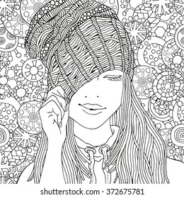 Girl in a knitted cap. Pattern for coloring book. Winter snowflakes. Sketch. Warm clothes. Hand-drawn vector illustration. Zentangle patterns.