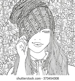 Girl in a knitted cap. Pattern for coloring book. Clothes buttons. Sketch. Warm clothes. Hand-drawn vector illustration. Zentangle patterns.