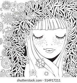 Girl in a knitted Fluffy hood. Pattern for coloring book. Winter snowflakes. Sketch. Warm clothes. Coloring book page for adult. Hand-drawn vector illustration. Zentangle patterns. 