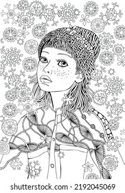 Girl in a knitted hat. Pattern for coloring book. Winter snowflakes. Sketch. Warm clothes. Coloring book page for adult. Hand-drawn vector illustration. Zentangle patterns. 