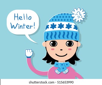 Girl in knitted hat and scarf. Hello winter card.