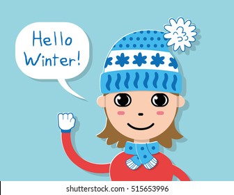 Girl in knitted hat and scarf. Hello winter illustration.