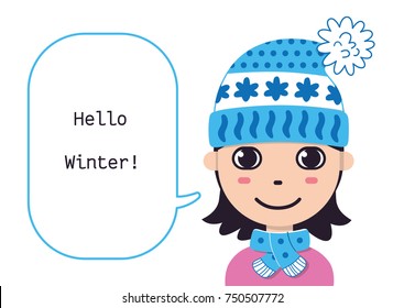 Girl in knitted hat and scarf. Hello winter.